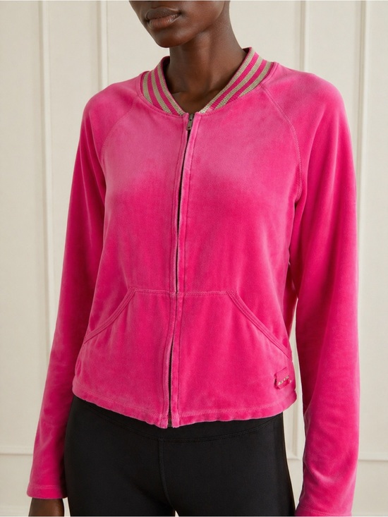 Sonia Rykiel Tops - Sonia Rykiel Pink Velour Velvet Zip Jacket Gold Stripe Collar Y2K 90s Athletic
